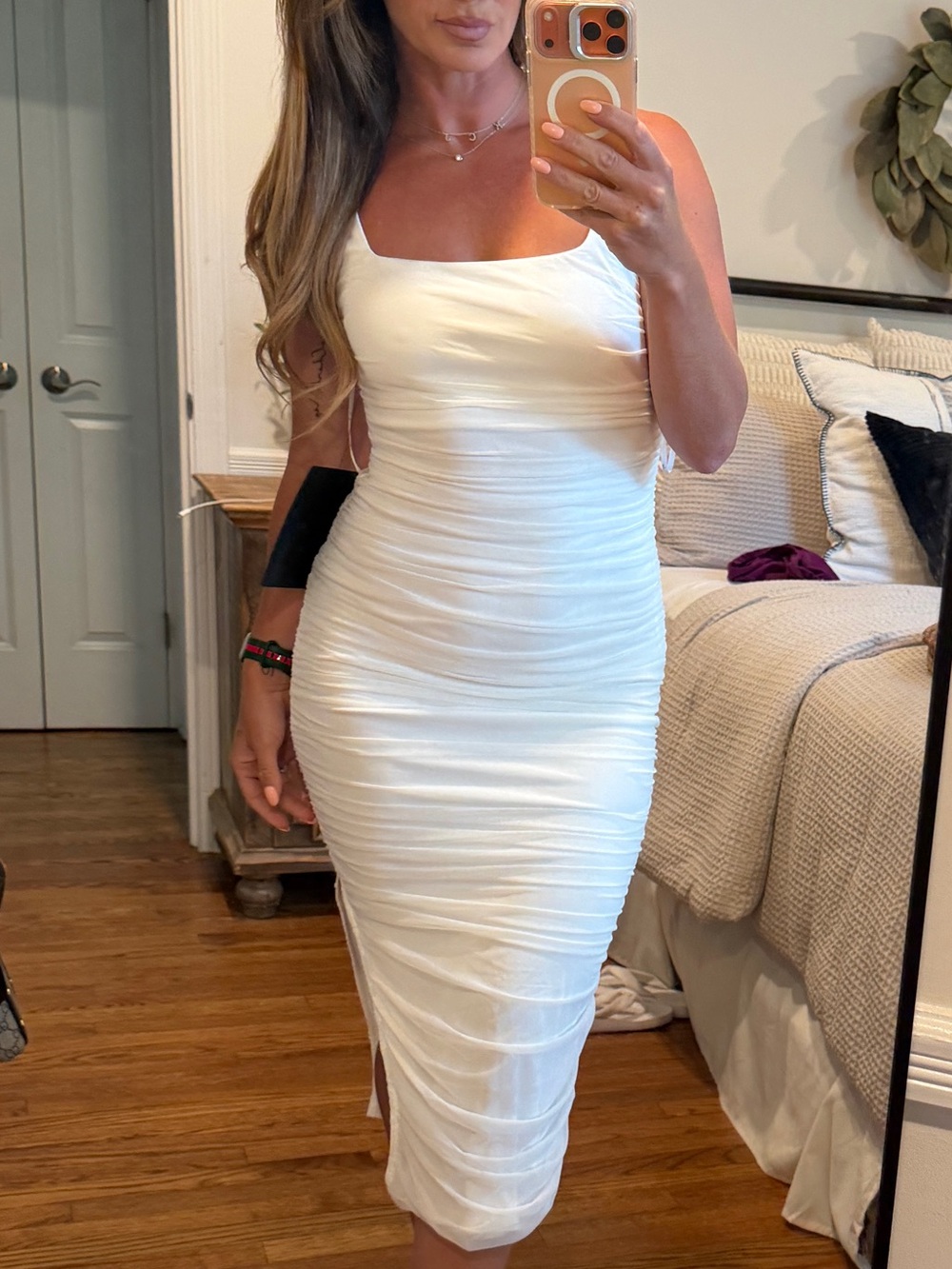 NWT Lulu's Ivory Ruched Midi Dress